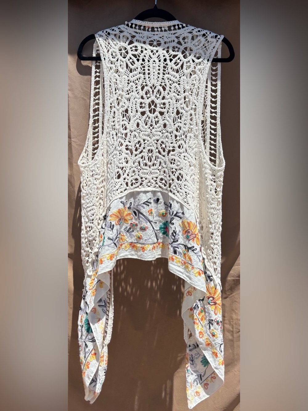 Origami by Vivien Boho 100% cotton Crochet Lace Vest Embroidered Floral Duster